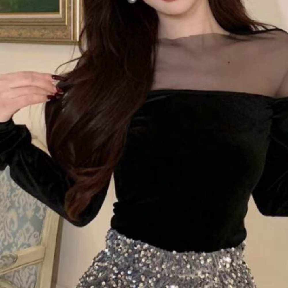 Mesh velvet contrast long sleeve black top - Picture 4 of 5